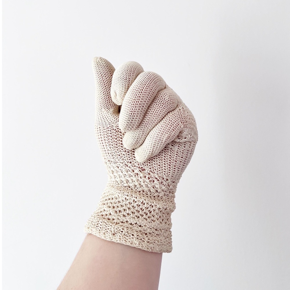 Vintage Crochet Knit Gloves Cream Ivory Lace Wrist Accessory Bridal Wedding